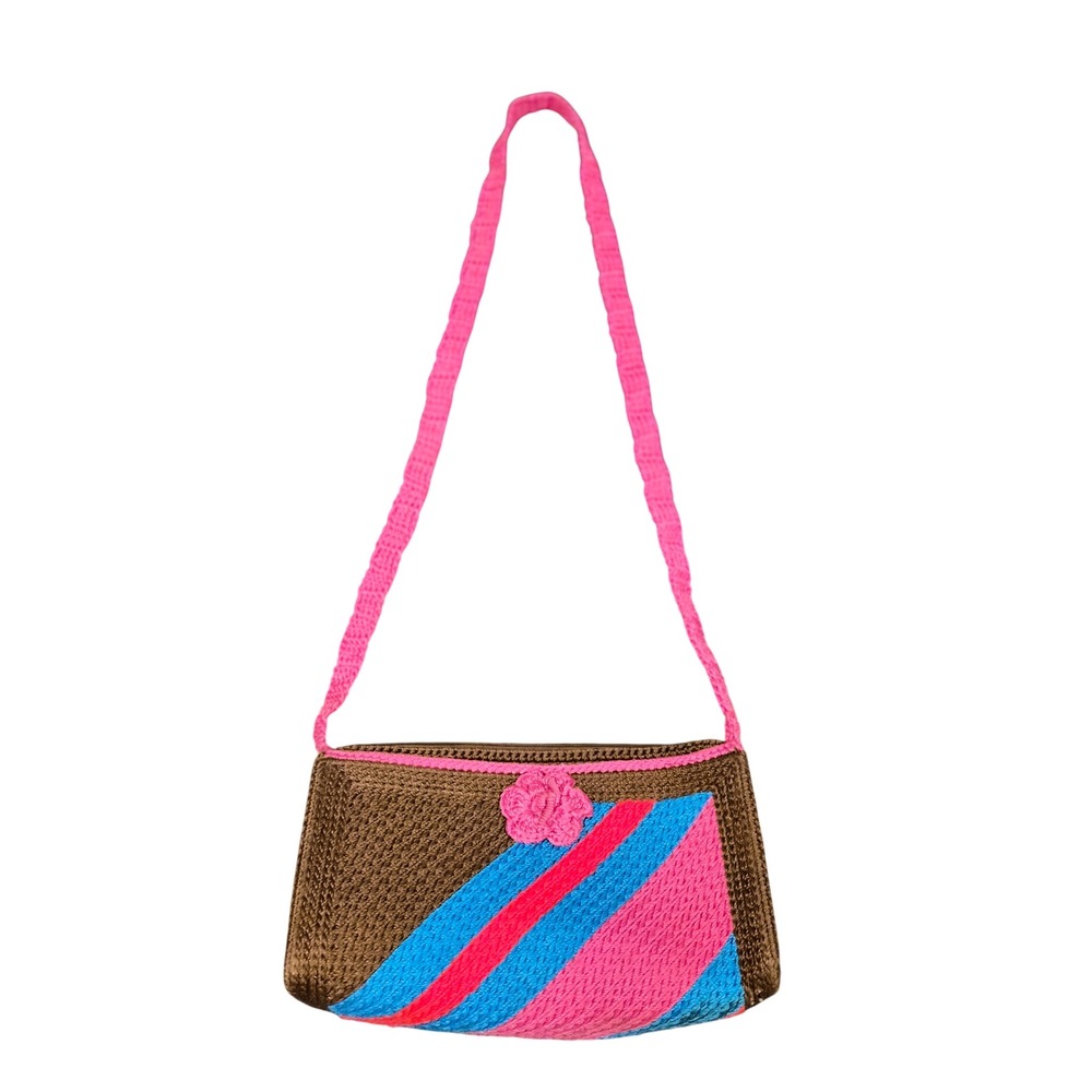 Vintage 70s Crochet Raffia Wood Side Crossbody Boho Shoulder Bag Striped